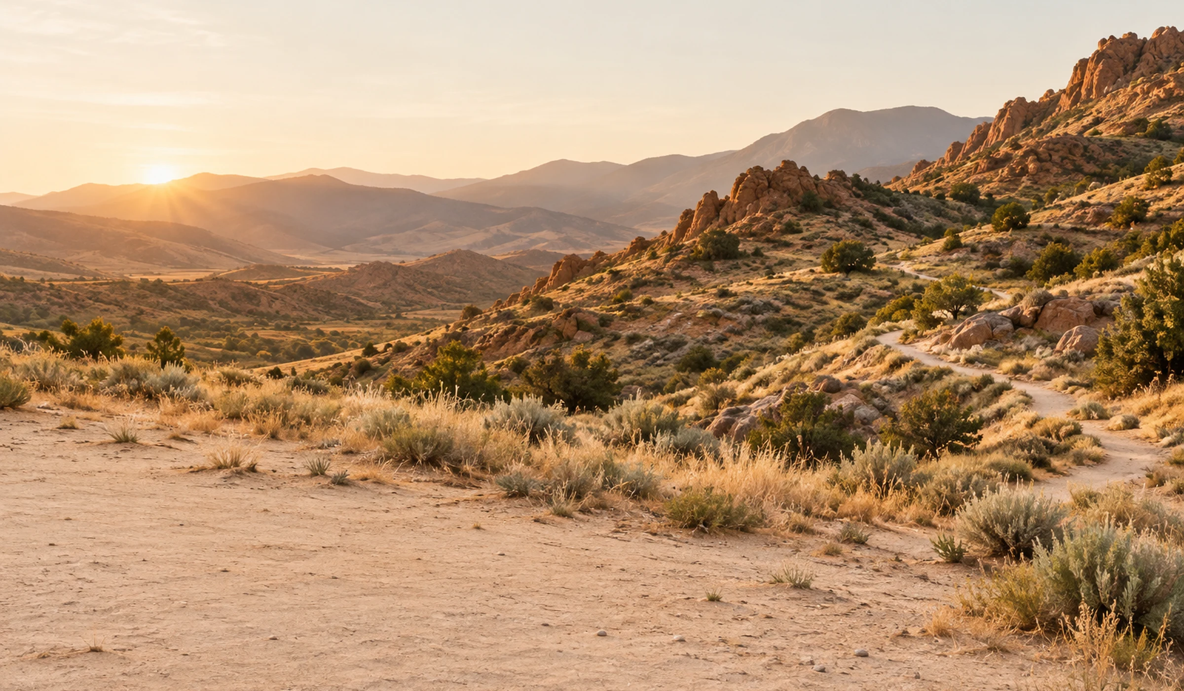 Sunlit hills along a desert trail