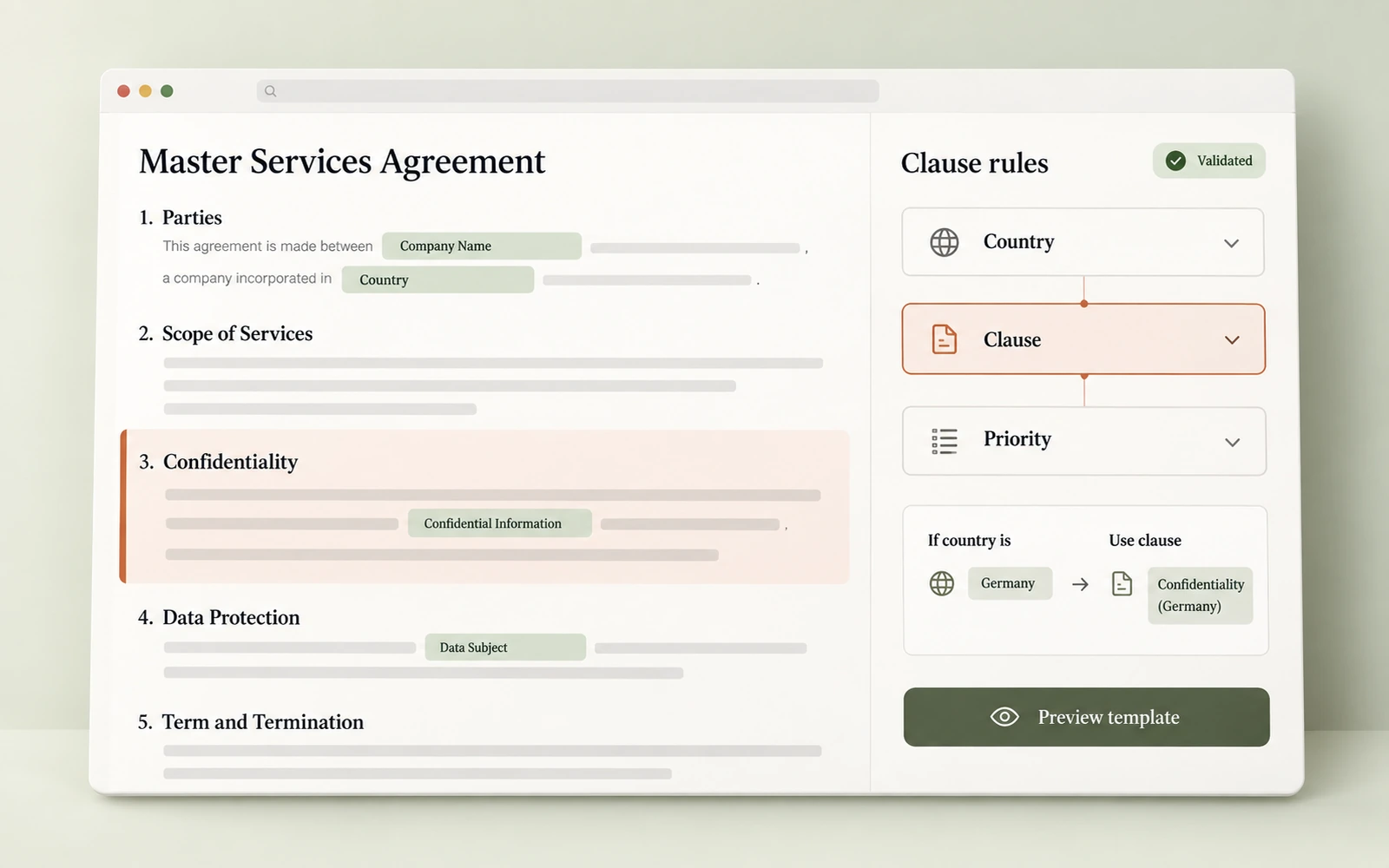 Illustrative mockup of a contract turned into a template with fields and clause rules