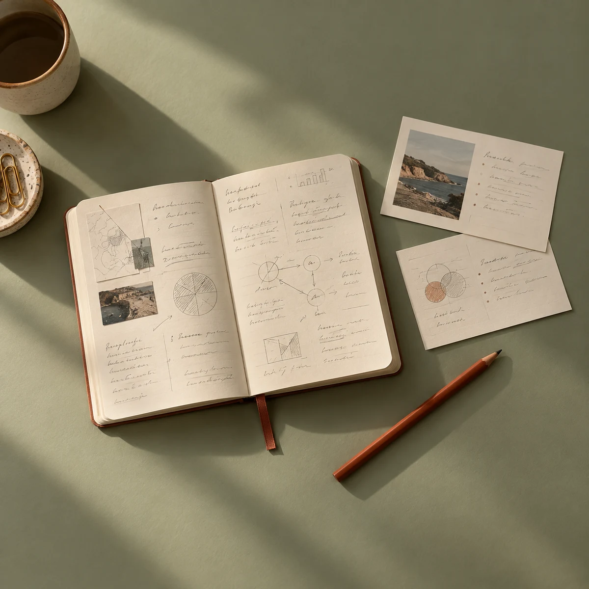 Open notebook with research notes and reference photos