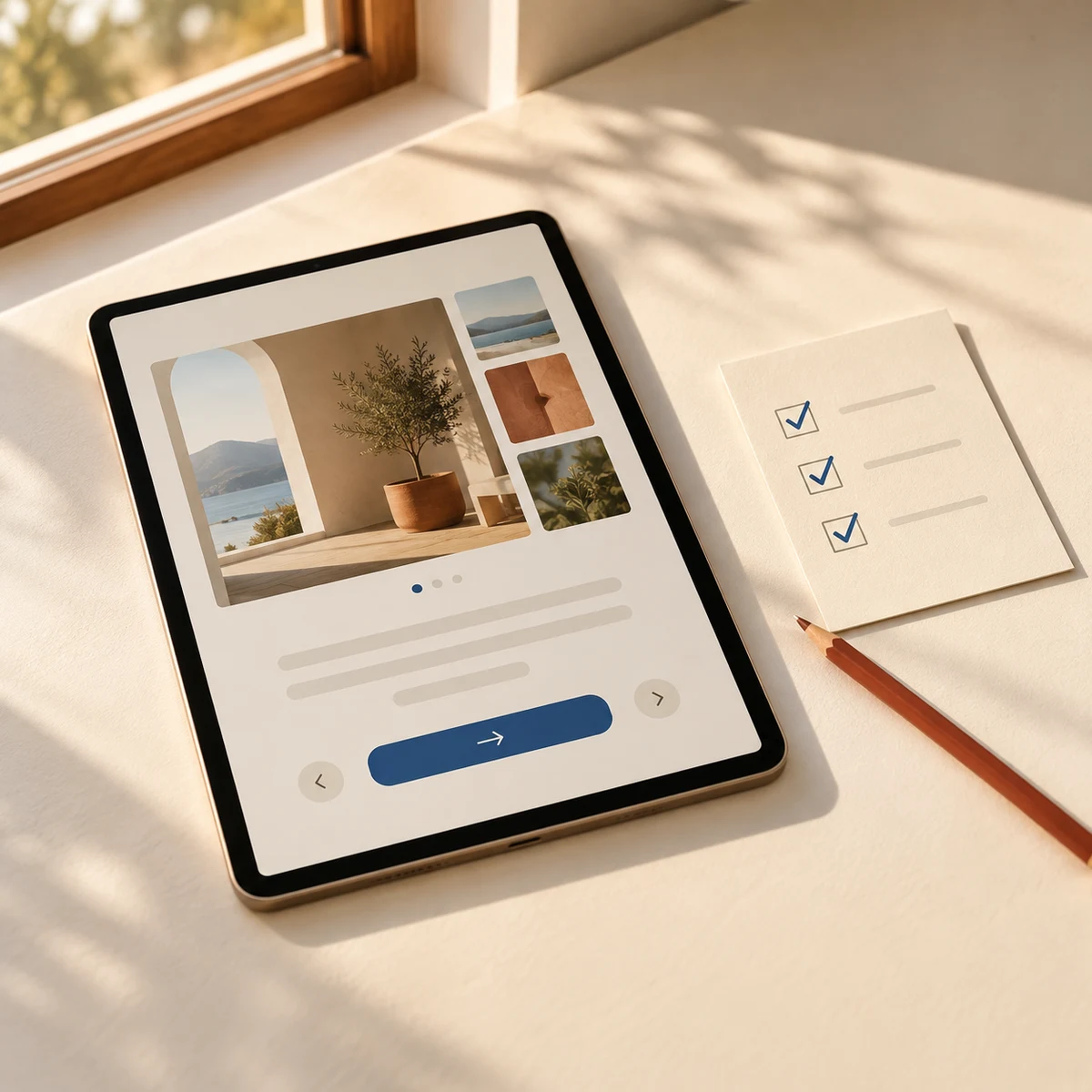 Tablet showing a finished screen beside a checklist